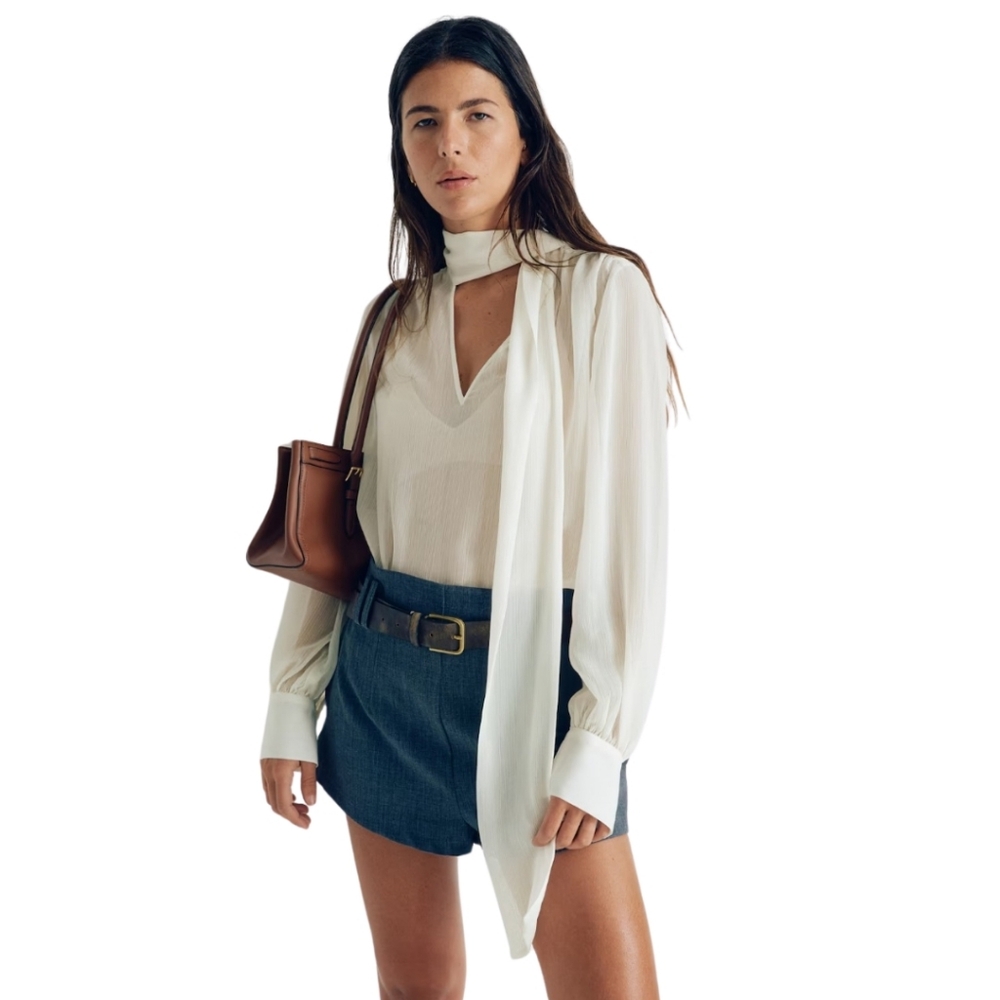 H&M Sheer Tie-Neck Cream Chiffon Blouse